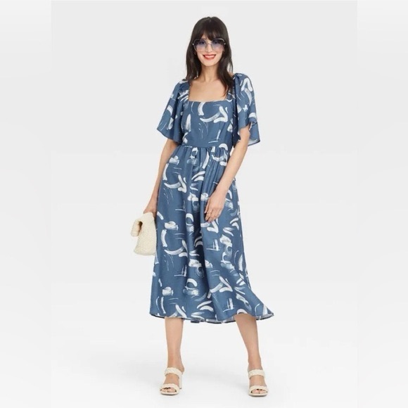 A New Day Flutter Short Sleeve Tie Back Blue Floral Midi Dress Size XS - Picture 1 of 7